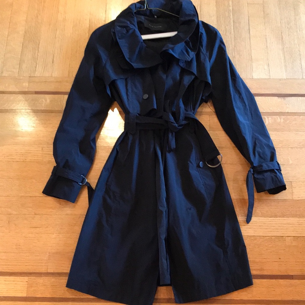 Elie TAHARI Black Trench Coat, Medium, Ruffle neckline,